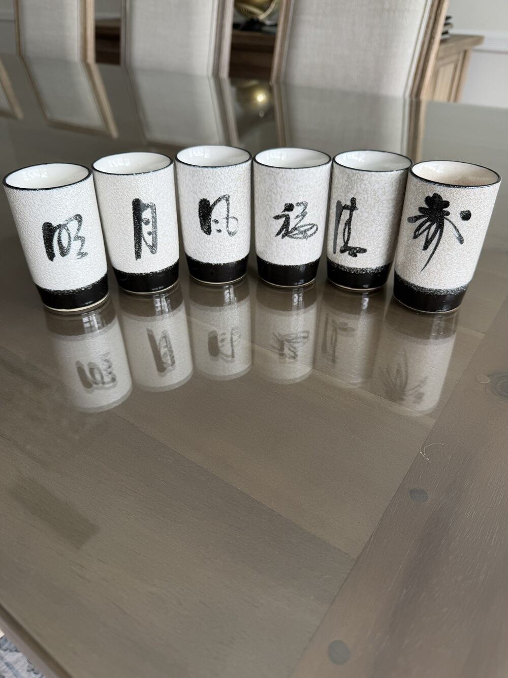 6 OMC Japan Pottery Glazed Tea Sake Shot Glasses Jiggers Calligraphy Vintage